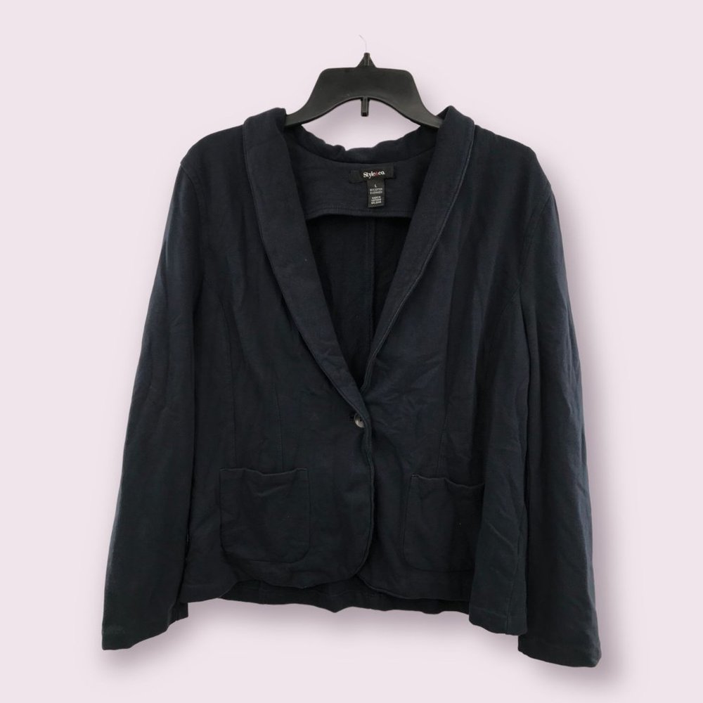 ^ Style & Co Women's Large Dark Blue Blazer One Button Cardigan W/ Pockets